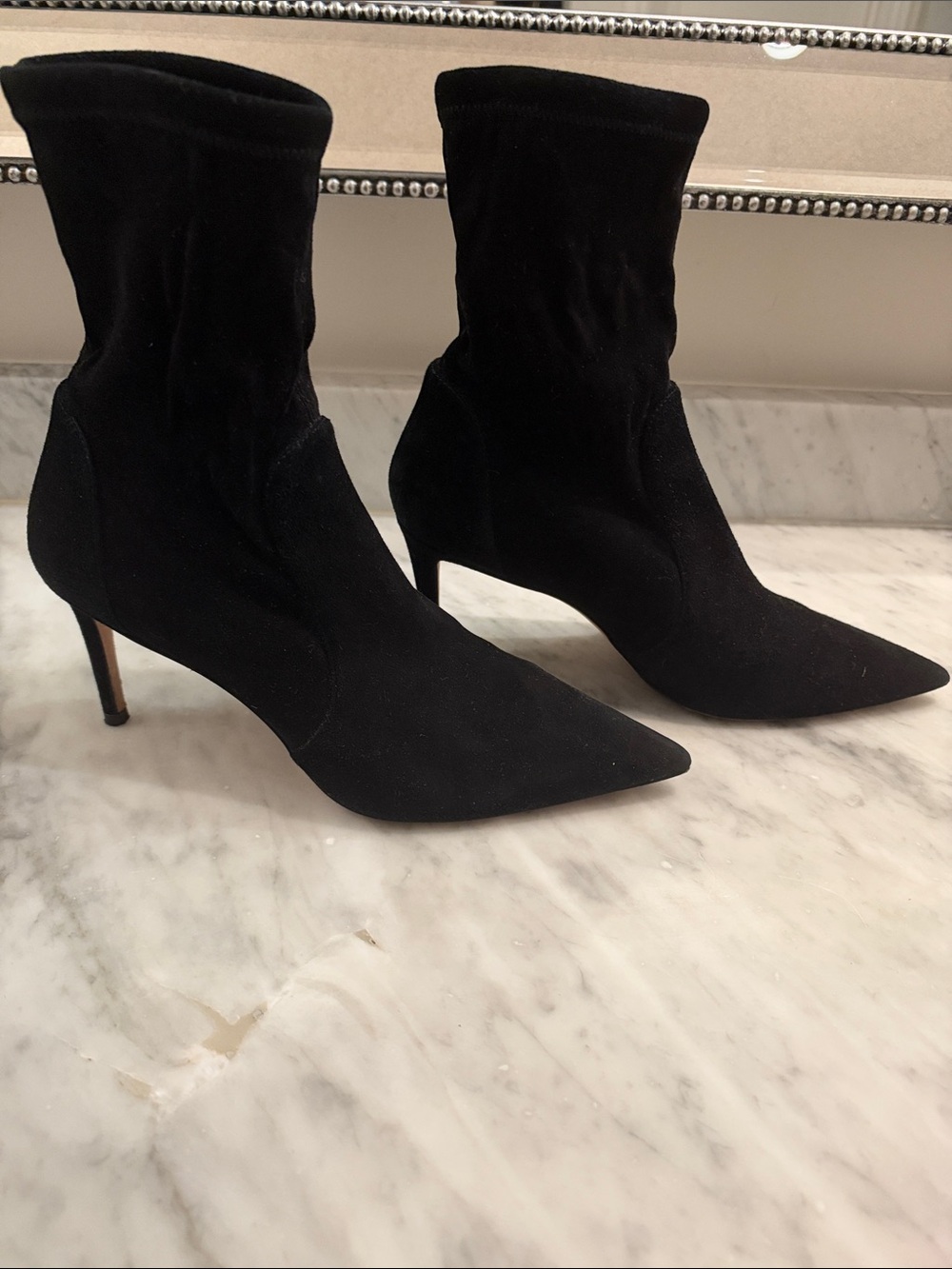 Stuart Weitzman Black Pointed Sock Booties with Stiletto Heel